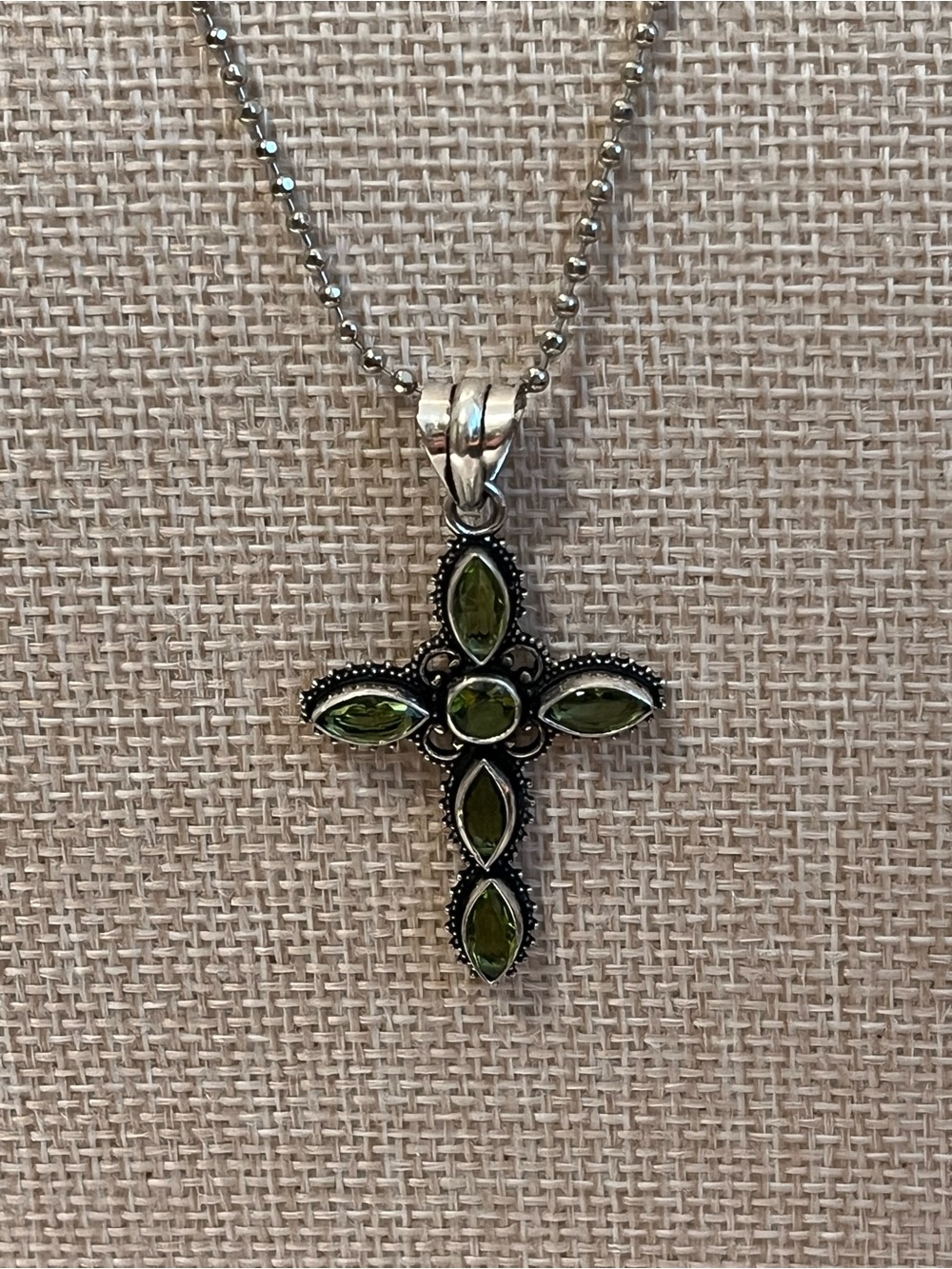Silver Cross Necklace with Olive Green Gemstones